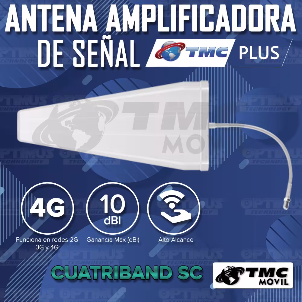 Antena amplificadora señal Cuatriband TMC Plus 4GLTE 65dB Surecall SC-231W + 10 metros de cable RG-6 700 MHz Banda 28/28A TMC MO