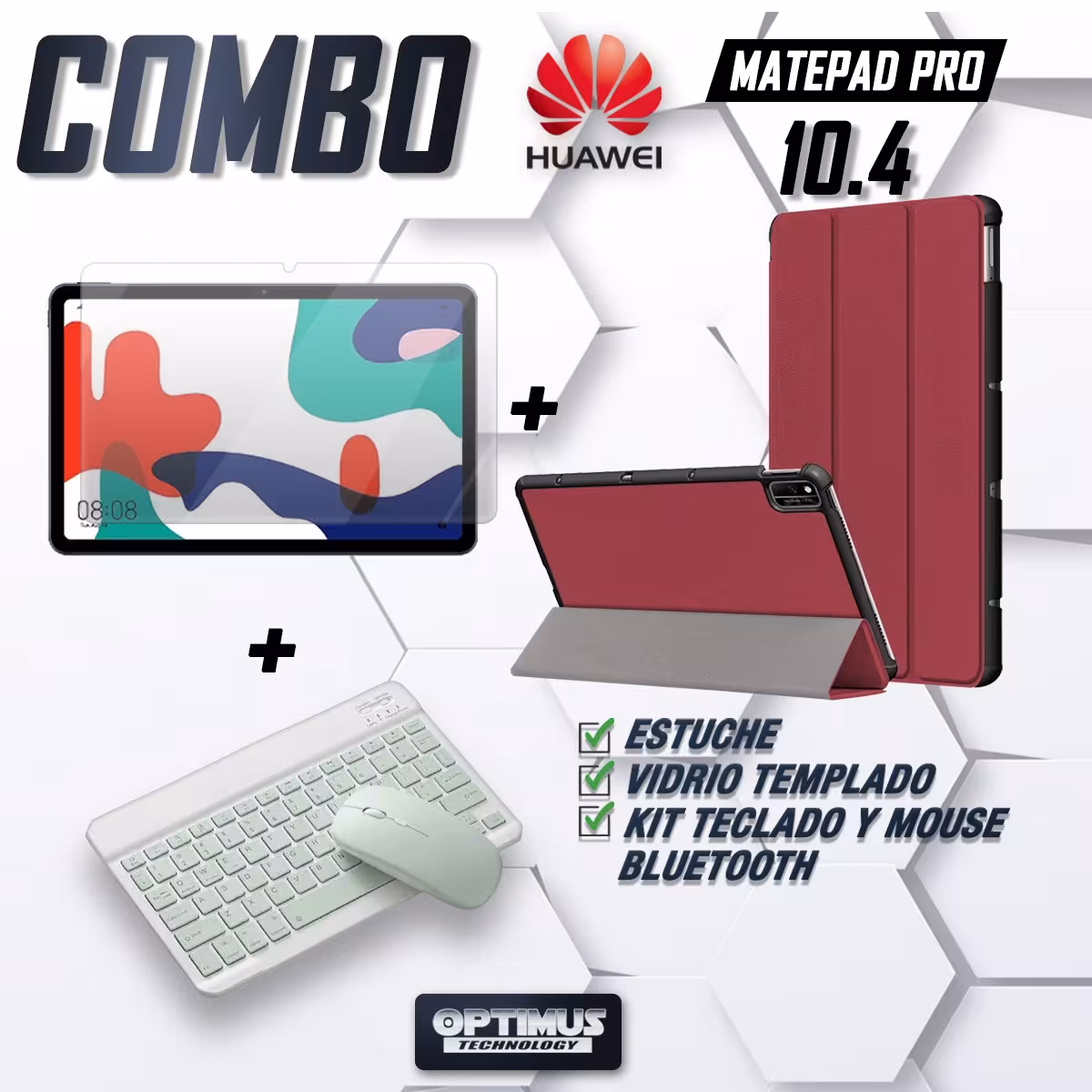 Kit Vidrio templado + Case Forro Protector + Teclado y Mouse Ratón Bluetooth para Tablet Huawei Matepad 10.4 OPTIMUS TECHNOLOGY™
