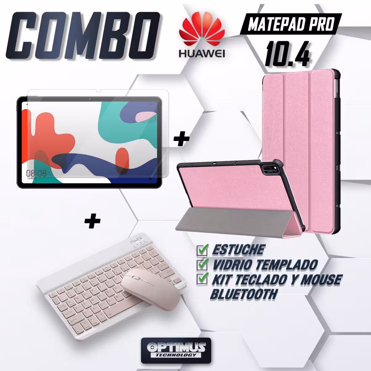 Kit Vidrio templado + Case Forro Protector + Teclado y Mouse Ratón Bluetooth para Tablet Huawei Matepad 10.4 OPTIMUS TECHNOLOGY™