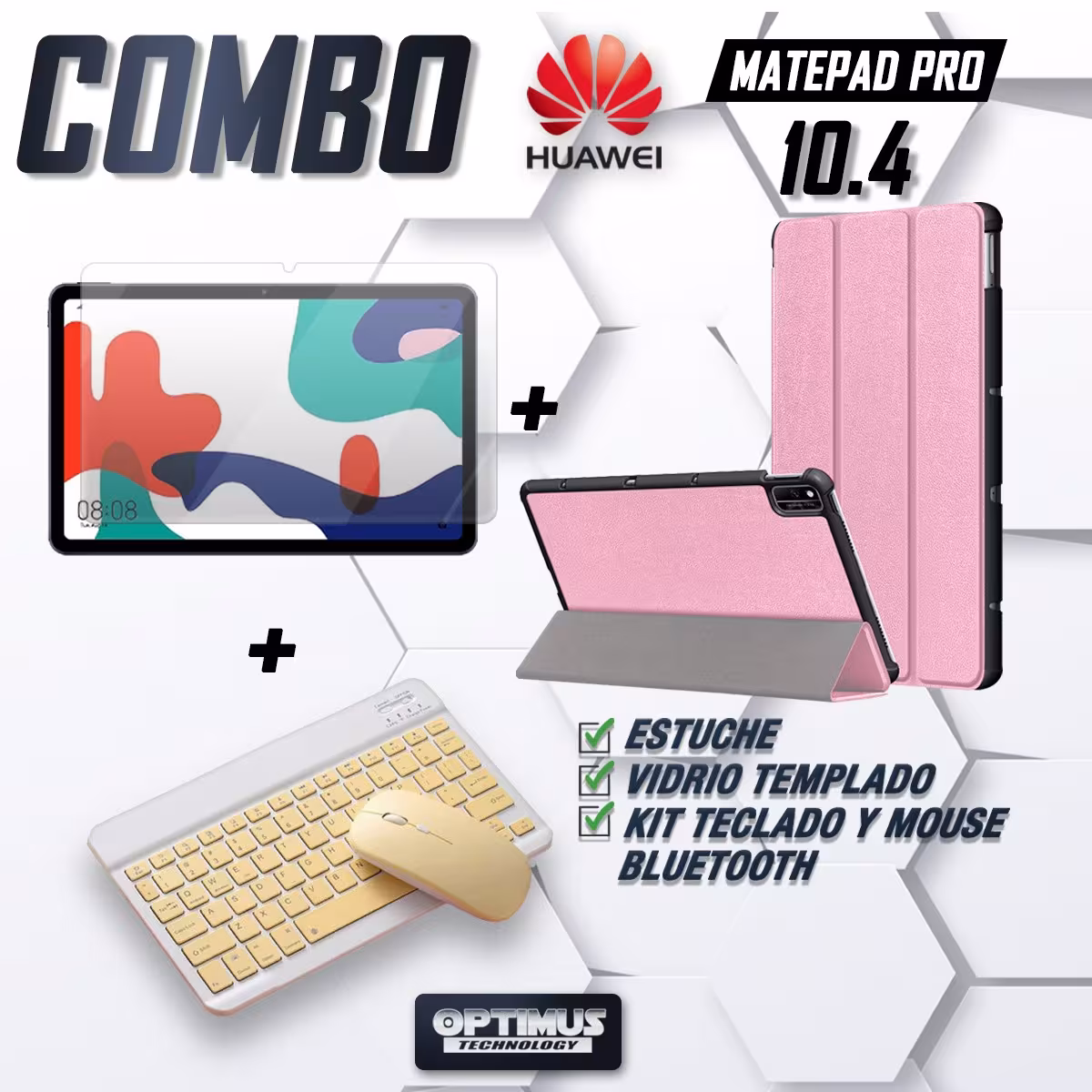 Kit Vidrio templado + Case Forro Protector + Teclado y Mouse Ratón Bluetooth para Tablet Huawei Matepad 10.4 OPTIMUS TECHNOLOGY™