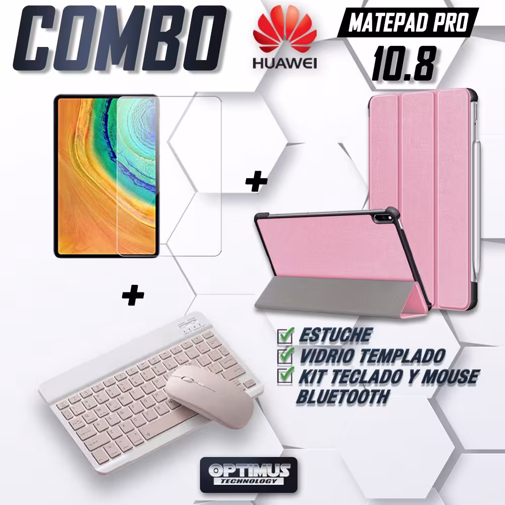 Kit Vidrio templado + Case Forro Protector + Teclado y Mouse Ratón Bluetooth para Tablet Huawei Matepad Pro 10.8 OPTIMUS TECHNOL