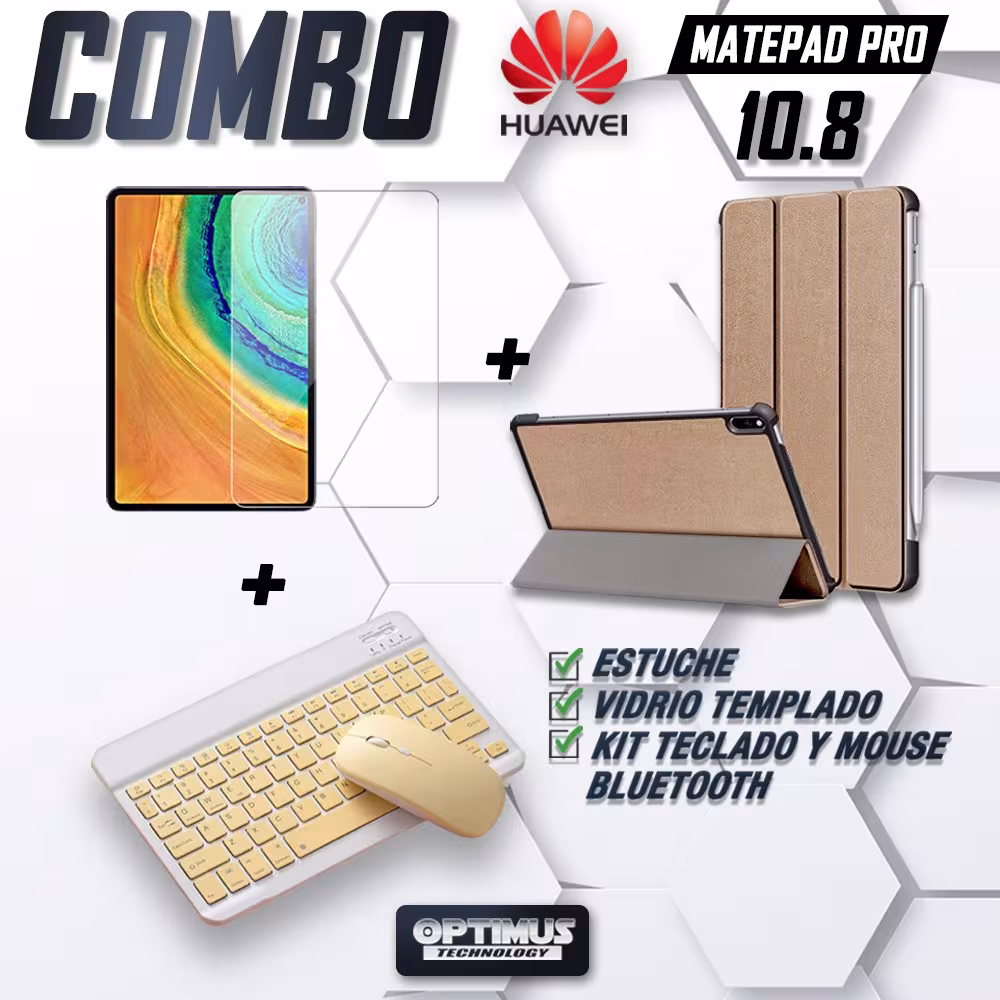 Kit Vidrio templado + Case Forro Protector + Teclado y Mouse Ratón Bluetooth para Tablet Huawei Matepad Pro 10.8 OPTIMUS TECHNOL