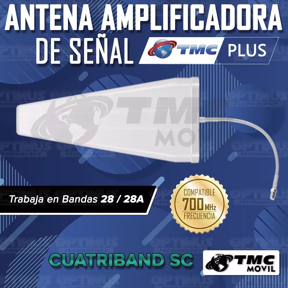 Antena amplificadora señal Cuatriband TMC Plus 4GLTE 65dB Surecall SC-231W + 10 metros de cable RG-6 700 MHz Banda 28/28A TMC MO
