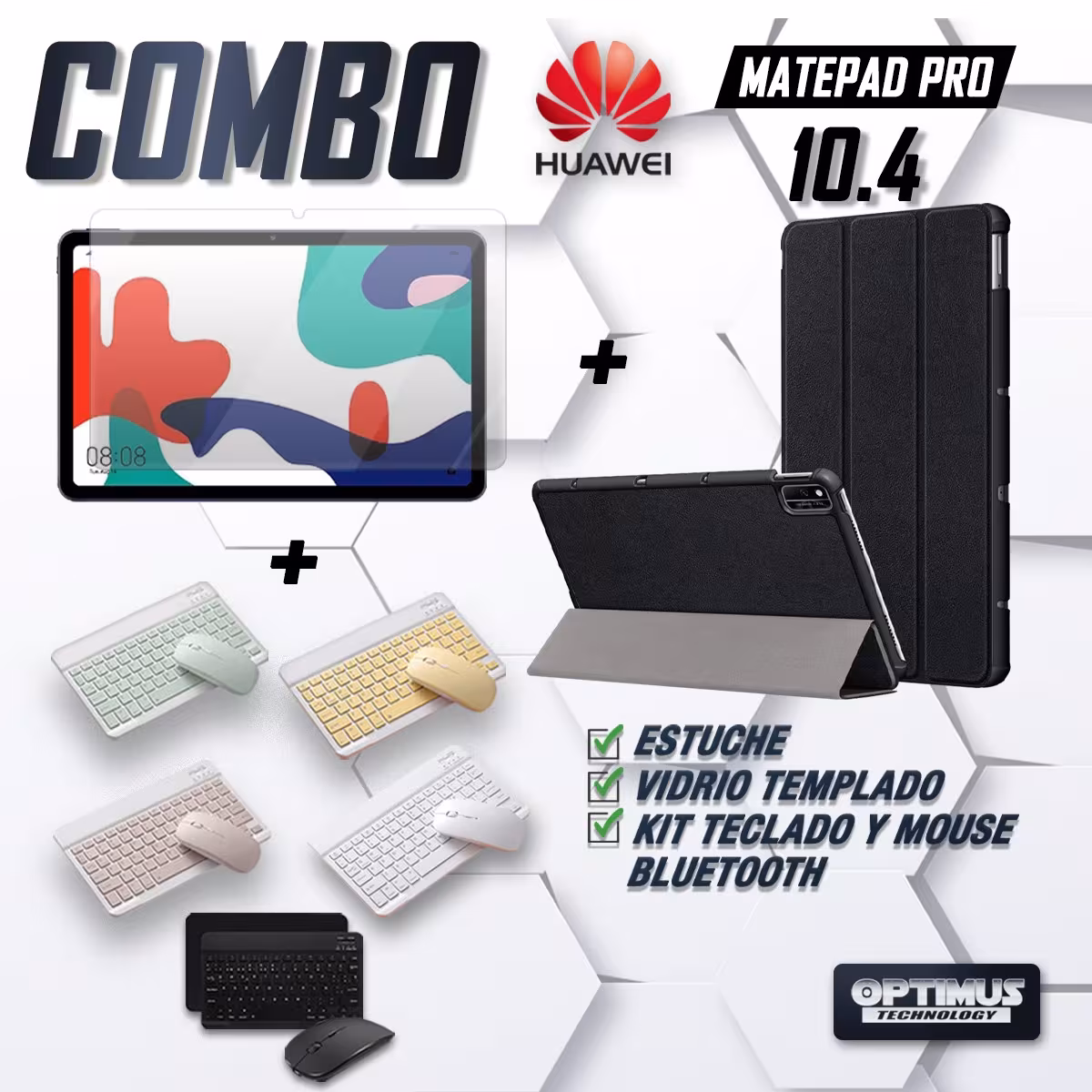 Kit Vidrio templado + Case Forro Protector + Teclado y Mouse Ratón Bluetooth para Tablet Huawei Matepad 10.4 OPTIMUS TECHNOLOGY™