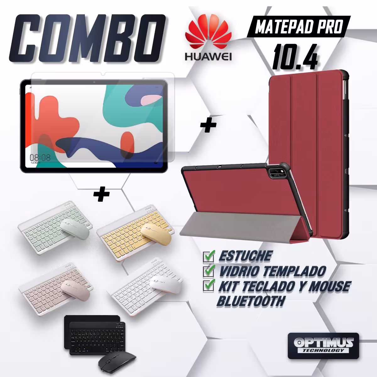 Kit Vidrio templado + Case Forro Protector + Teclado y Mouse Ratón Bluetooth para Tablet Huawei Matepad 10.4 OPTIMUS TECHNOLOGY™