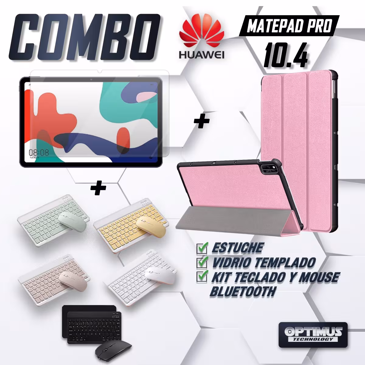 Kit Vidrio templado + Case Forro Protector + Teclado y Mouse Ratón Bluetooth para Tablet Huawei Matepad 10.4 OPTIMUS TECHNOLOGY™