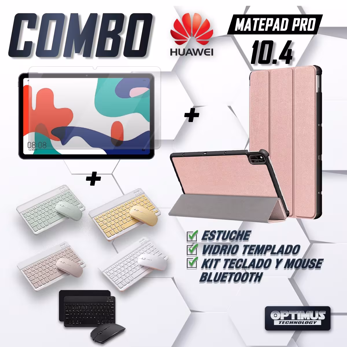Kit Vidrio templado + Case Forro Protector + Teclado y Mouse Ratón Bluetooth para Tablet Huawei Matepad 10.4 OPTIMUS TECHNOLOGY™