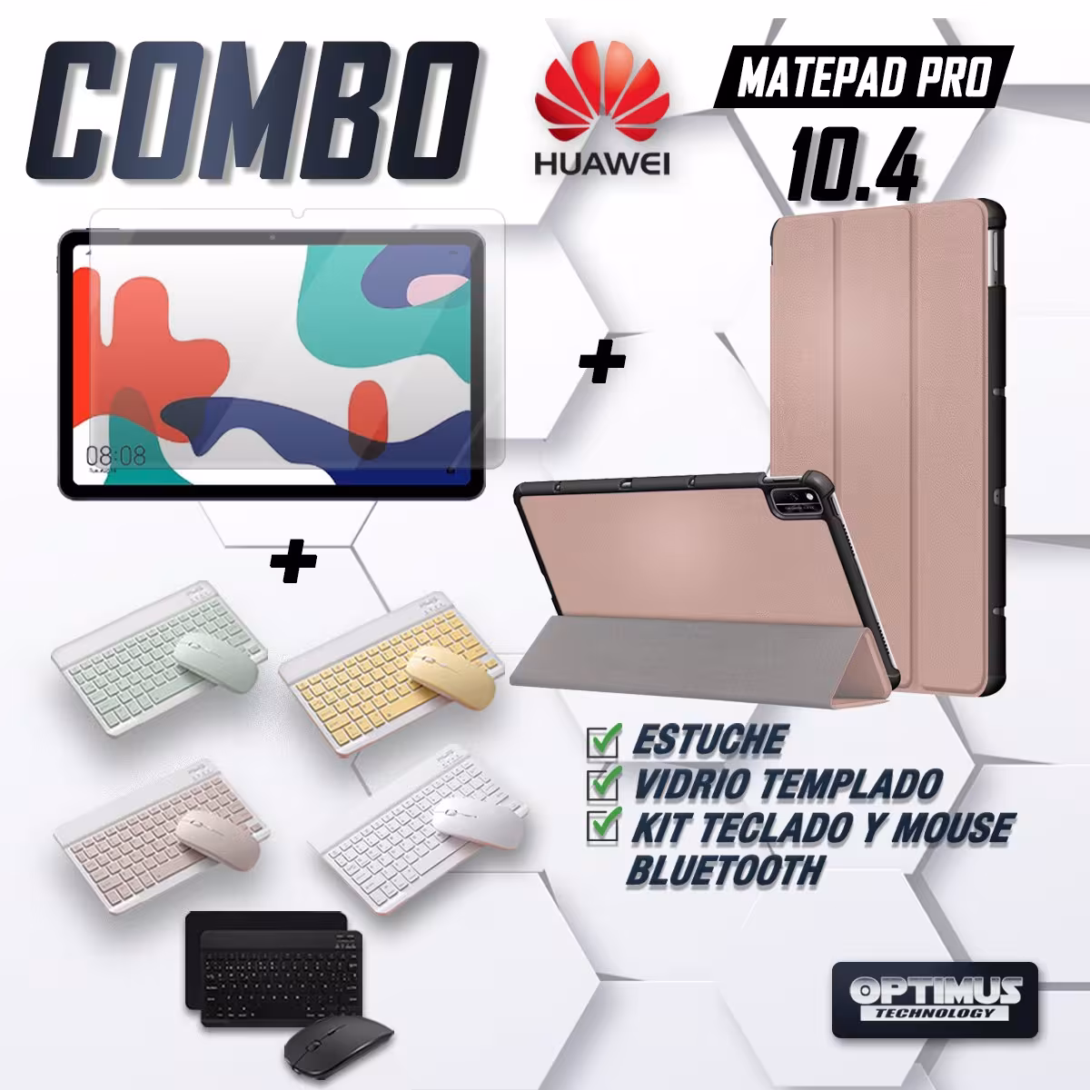 Kit Vidrio templado + Case Forro Protector + Teclado y Mouse Ratón Bluetooth para Tablet Huawei Matepad 10.4 OPTIMUS TECHNOLOGY™