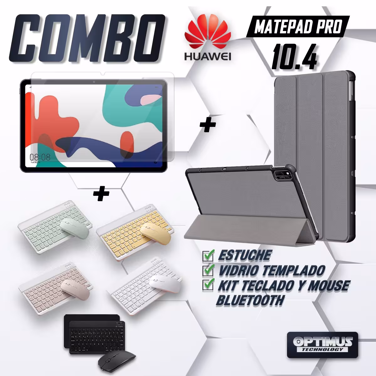 Kit Vidrio templado + Case Forro Protector + Teclado y Mouse Ratón Bluetooth para Tablet Huawei Matepad 10.4 OPTIMUS TECHNOLOGY™