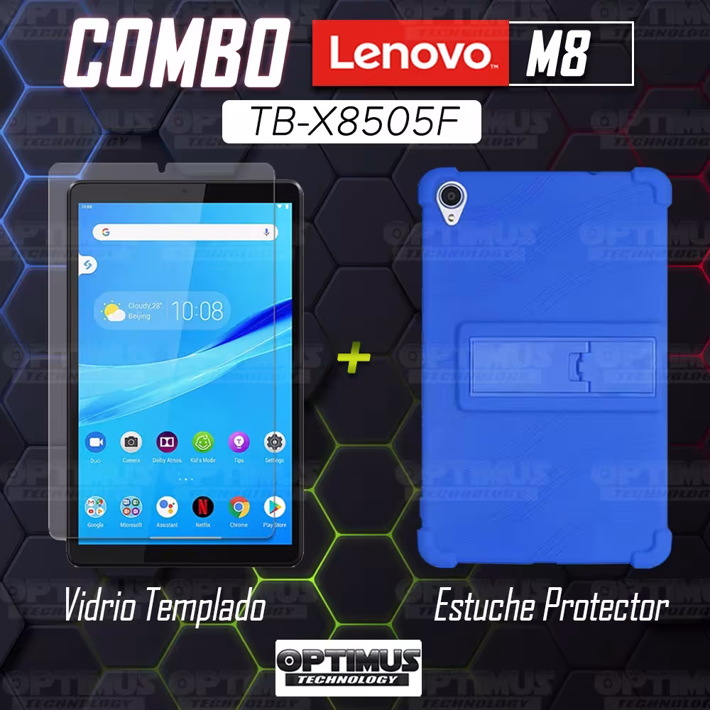 Kit Vidrio templado y Estuche Protector de goma antigolpes con soporte Tablet Lenovo Tab M8 8505x / x8505f OPTIMUS TECHNOLOGY™ -