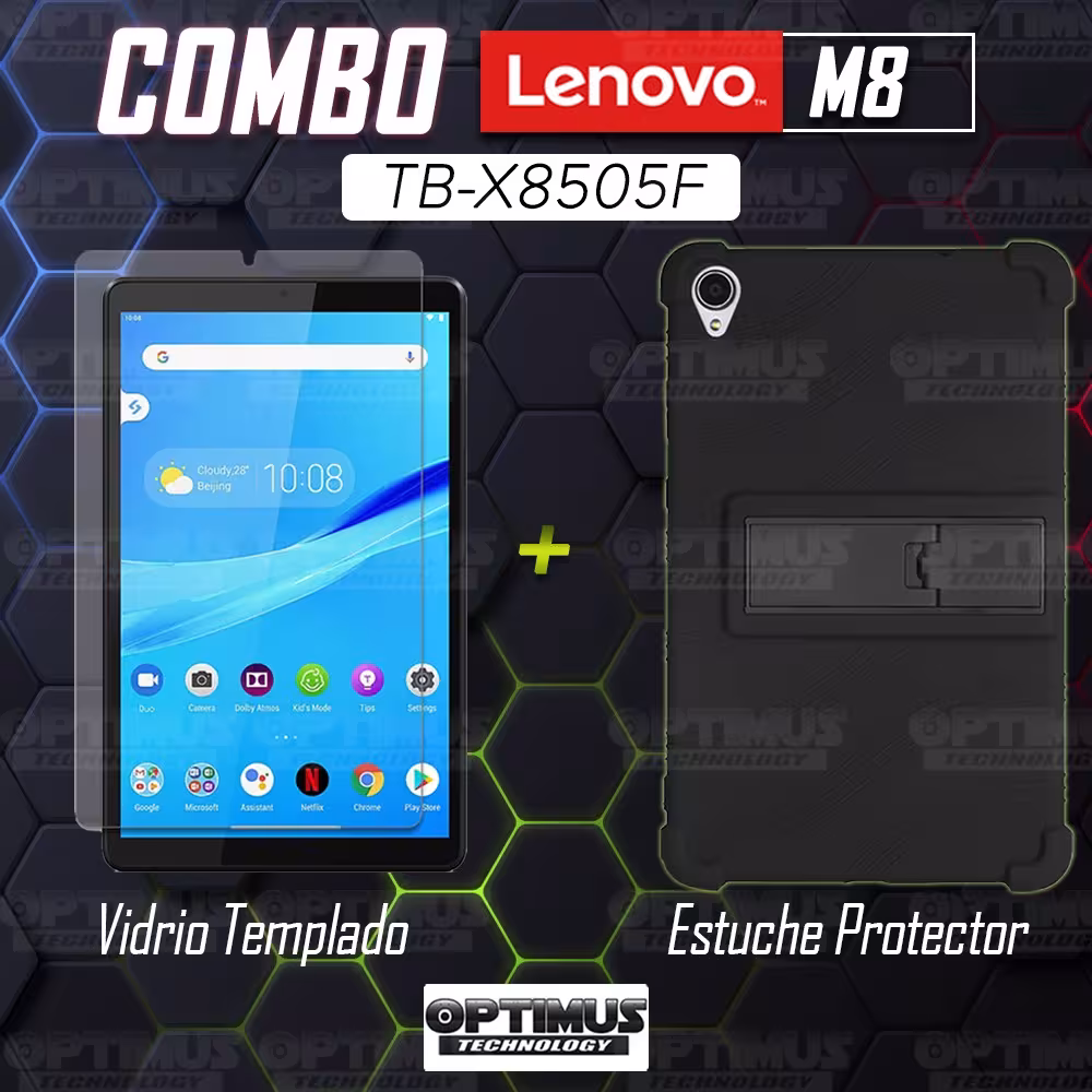 Kit Vidrio templado y Estuche Protector de goma antigolpes con soporte Tablet Lenovo Tab M8 8505x / x8505f OPTIMUS TECHNOLOGY™ -