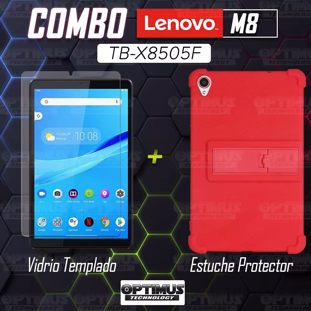 Kit Vidrio templado y Estuche Protector de goma antigolpes con soporte Tablet Lenovo Tab M8 8505x / x8505f OPTIMUS TECHNOLOGY™ -