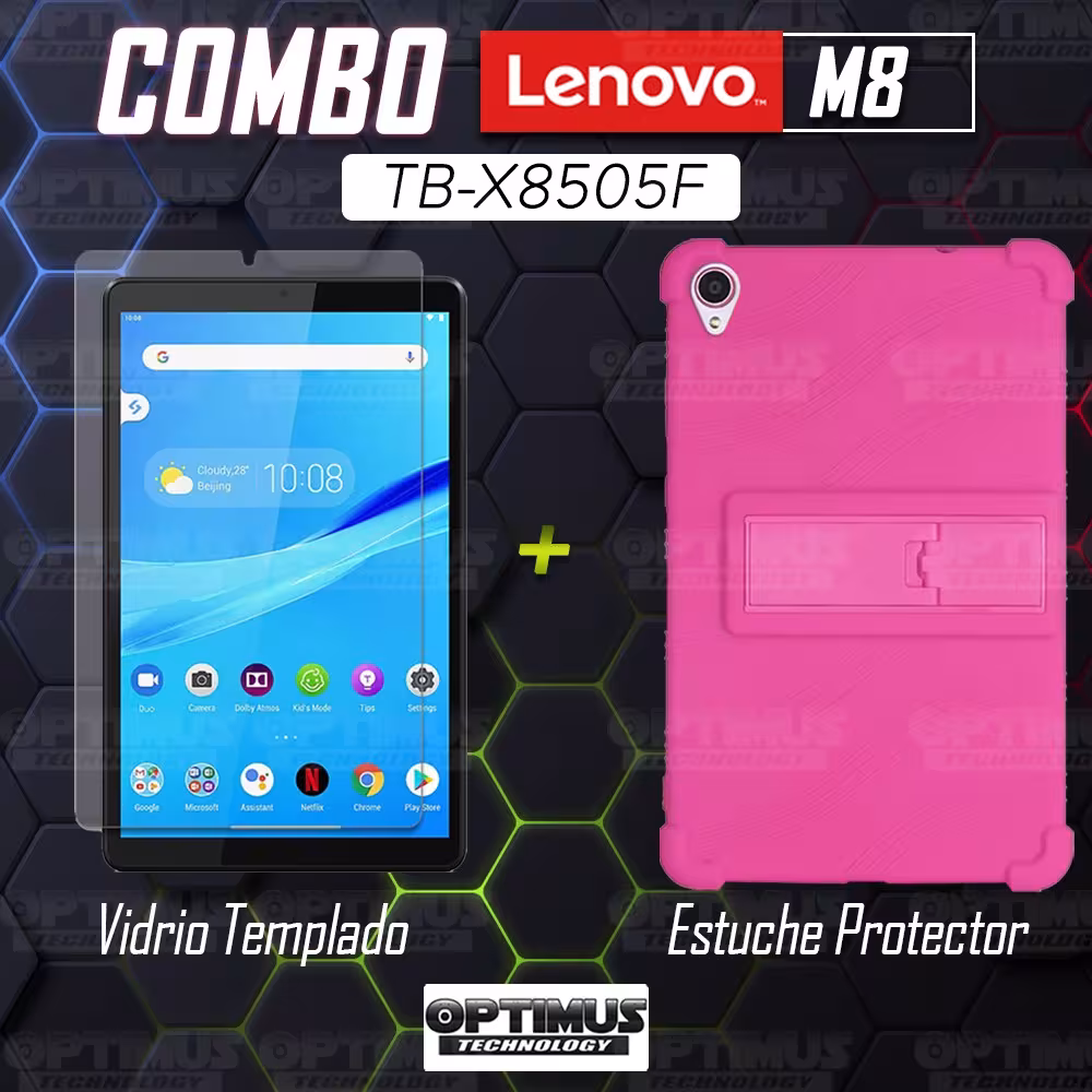 Kit Vidrio templado y Estuche Protector de goma antigolpes con soporte Tablet Lenovo Tab M8 8505x / x8505f OPTIMUS TECHNOLOGY™ -