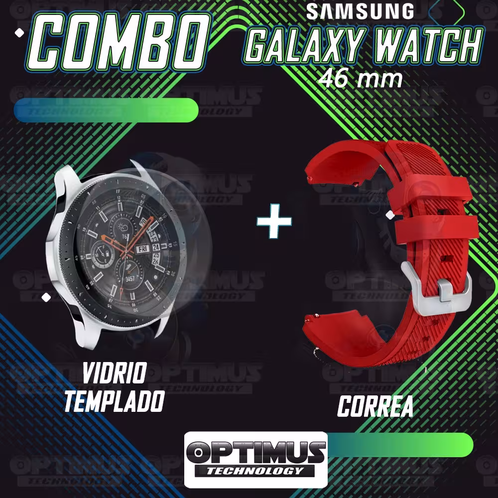 Kit Correa Pulso Manilla de Goma Y Vidrio Templado Samsung Galaxy Watch 46mm | OPTIMUS TECHNOLOGY™ | CRRY-VTP-GX-WCH-46 |