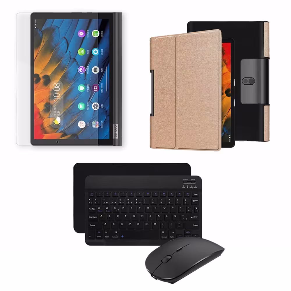 Kit Vidrio templado + Case Forro Protector + Teclado y Mouse Ratón Bluetooth para Tablet Lenovo Yoga Smart Tab Yt-x 705f OPTIMUS