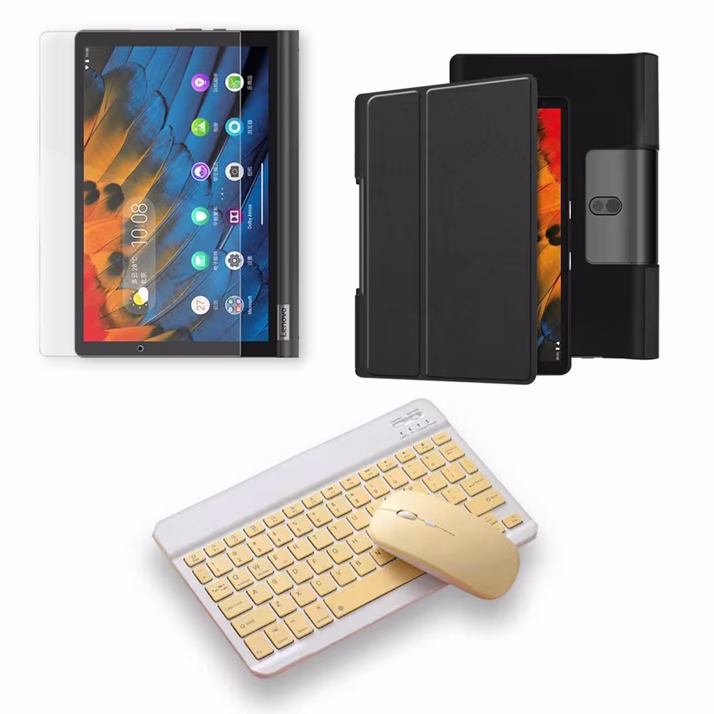 Kit Vidrio templado + Case Forro Protector + Teclado y Mouse Ratón Bluetooth para Tablet Lenovo Yoga Smart Tab Yt-x 705f OPTIMUS