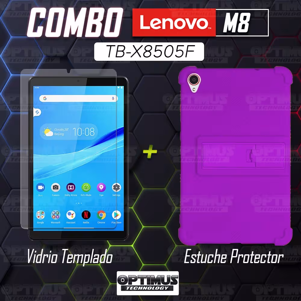 Kit Vidrio templado y Estuche Protector de goma antigolpes con soporte Tablet Lenovo Tab M8 8505x / x8505f OPTIMUS TECHNOLOGY™ -