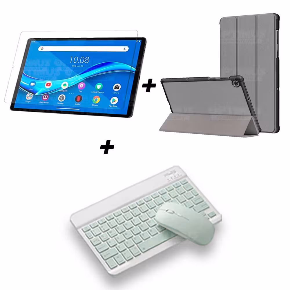 Kit Vidrio templado + Case Forro Protector + Teclado y Mouse Ratón Bluetooth para Tablet Lenovo M10 Plus Tb-x606f