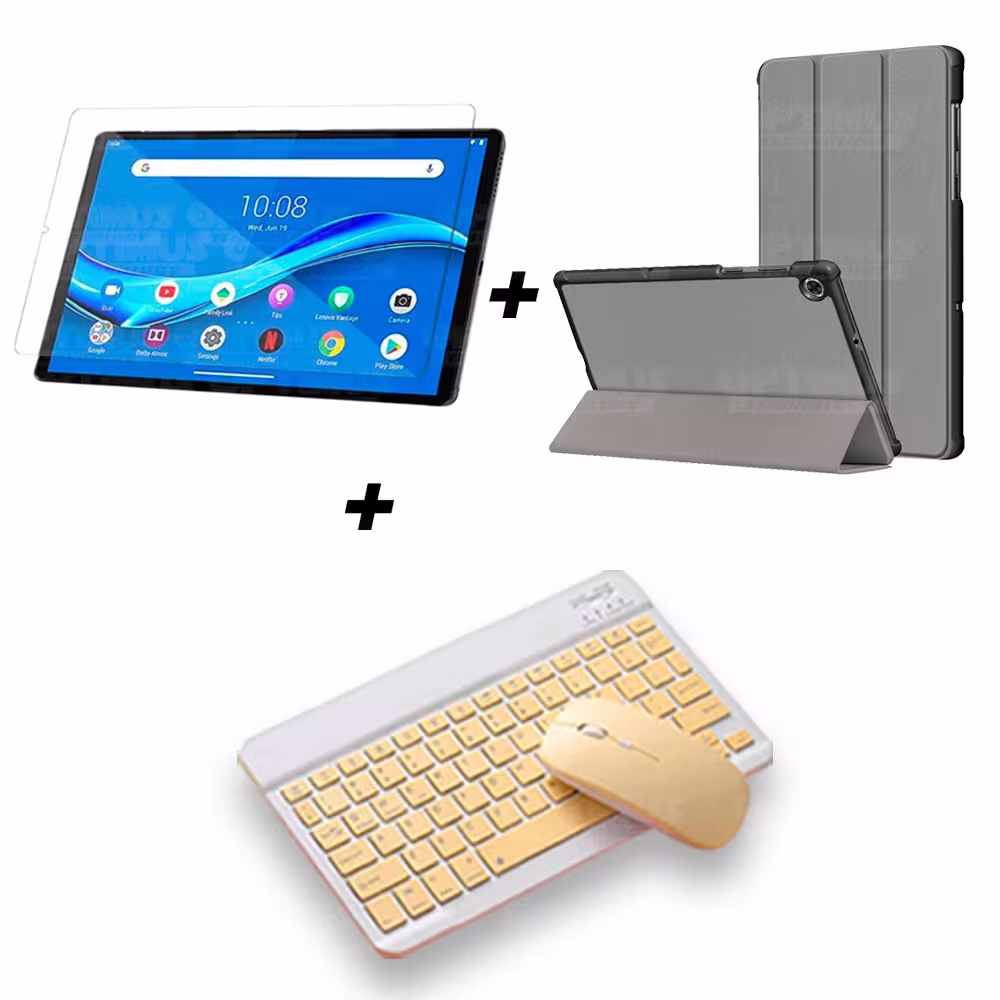 Kit Vidrio templado + Case Forro Protector + Teclado y Mouse Ratón Bluetooth para Tablet Lenovo M10 Plus Tb-x606f