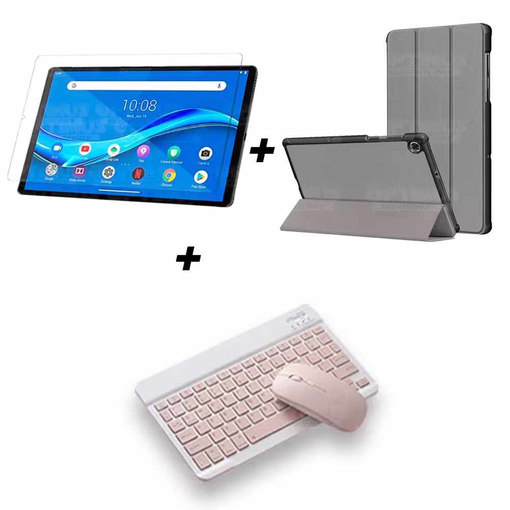 Kit Vidrio templado + Case Forro Protector + Teclado y Mouse Ratón Bluetooth para Tablet Lenovo M10 Plus Tb-x606f