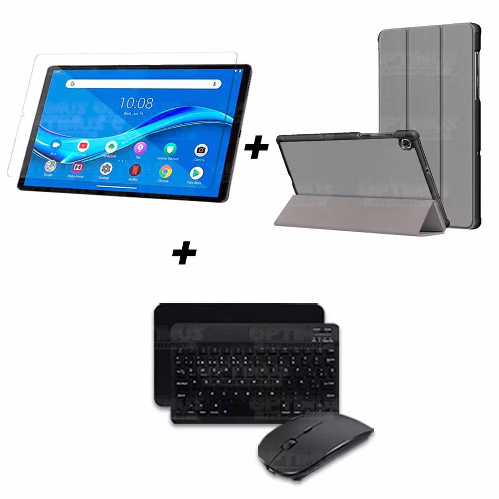 Kit Vidrio templado + Case Forro Protector + Teclado y Mouse Ratón Bluetooth para Tablet Lenovo M10 Plus Tb-x606f