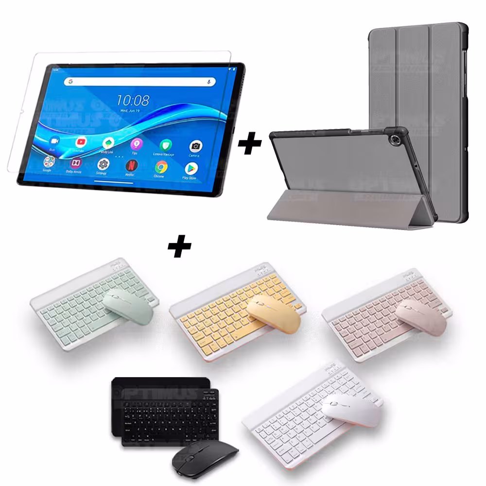 Kit Vidrio templado + Case Forro Protector + Teclado y Mouse Ratón Bluetooth para Tablet Lenovo M10 Plus Tb-x606f