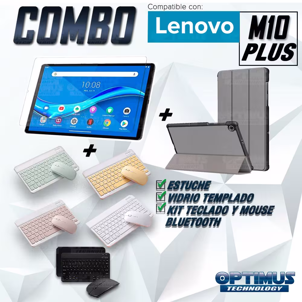 Kit Vidrio templado + Case Forro Protector + Teclado y Mouse Ratón Bluetooth para Tablet Lenovo M10 Plus Tb-x606f