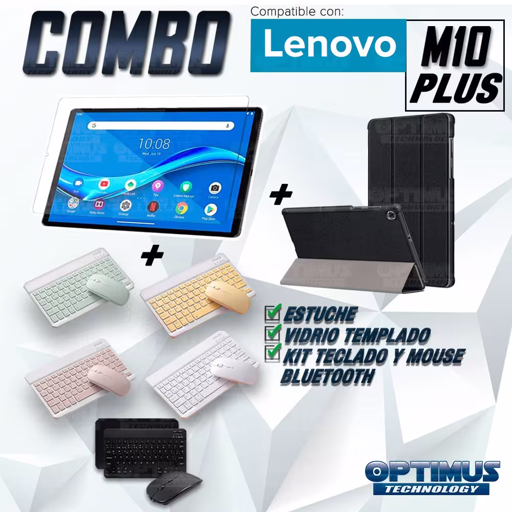 Kit Vidrio templado + Case Forro Protector + Teclado y Mouse Ratón Bluetooth para Tablet Lenovo M10 Plus Tb-x606f