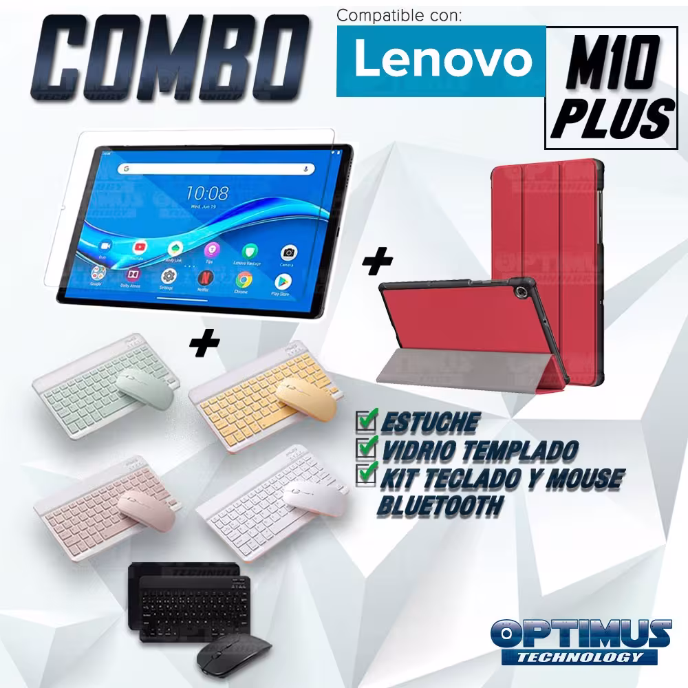 Kit Vidrio templado + Case Forro Protector + Teclado y Mouse Ratón Bluetooth para Tablet Lenovo M10 Plus Tb-x606f