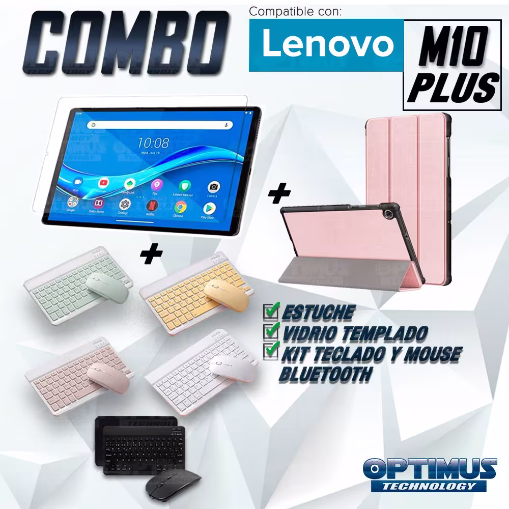 Kit Vidrio templado + Case Forro Protector + Teclado y Mouse Ratón Bluetooth para Tablet Lenovo M10 Plus Tb-x606f
