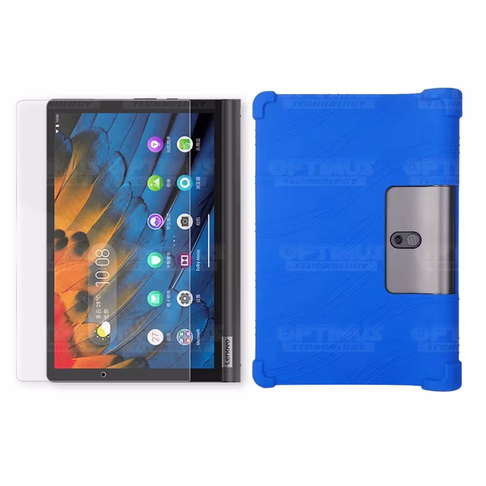 Kit Vidrio templado + Estuche Protector Goma + Teclado y Mouse Ratón Bluetooth para Tablet Lenovo Yoga Smart Tab Yt-x 705f OPTIM