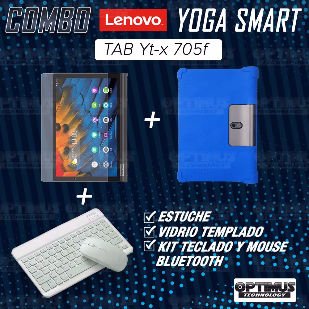 Kit Vidrio templado + Estuche Protector Goma + Teclado y Mouse Ratón Bluetooth para Tablet Lenovo Yoga Smart Tab Yt-x 705f OPTIM