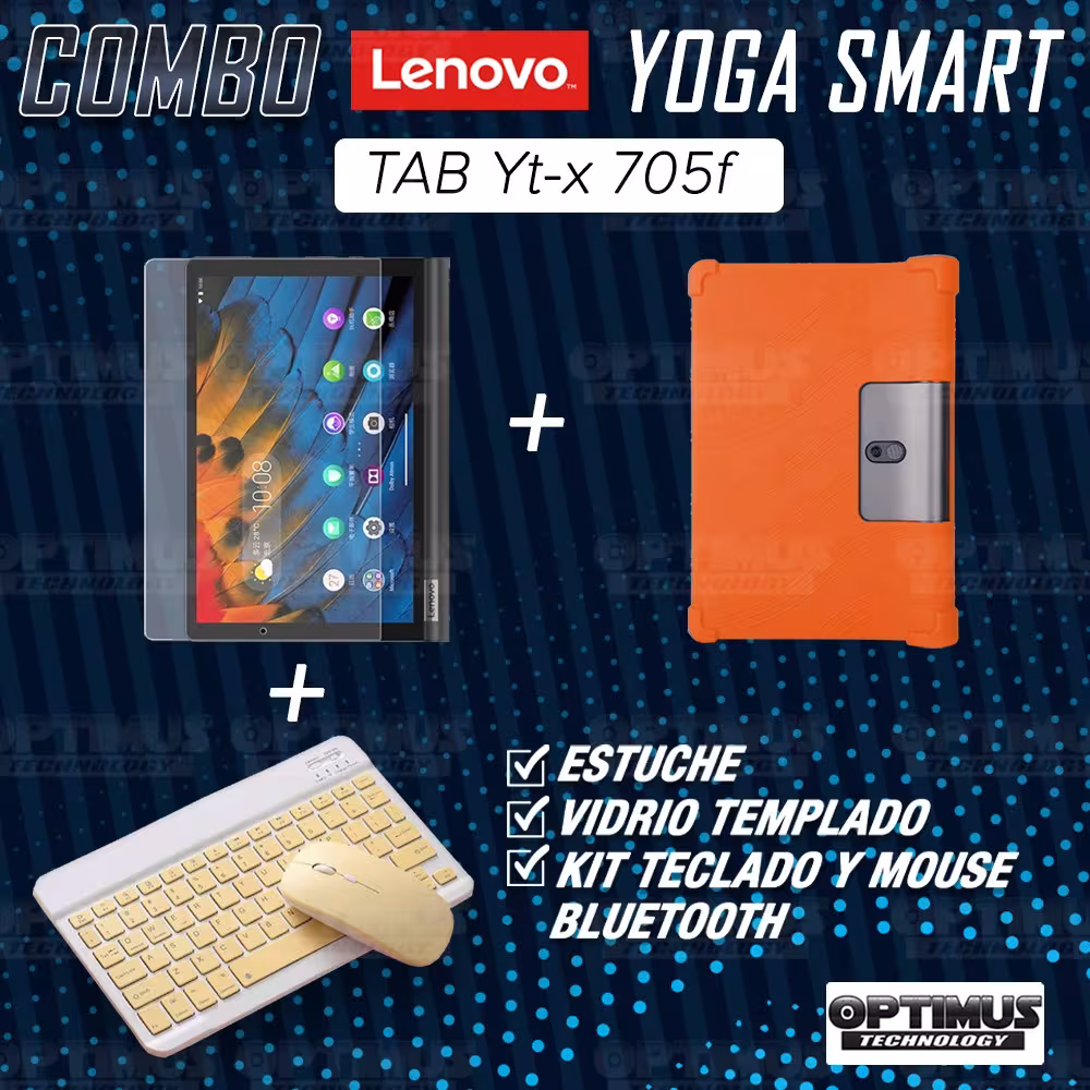 Kit Vidrio templado + Estuche Protector Goma + Teclado y Mouse Ratón Bluetooth para Tablet Lenovo Yoga Smart Tab Yt-x 705f OPTIM