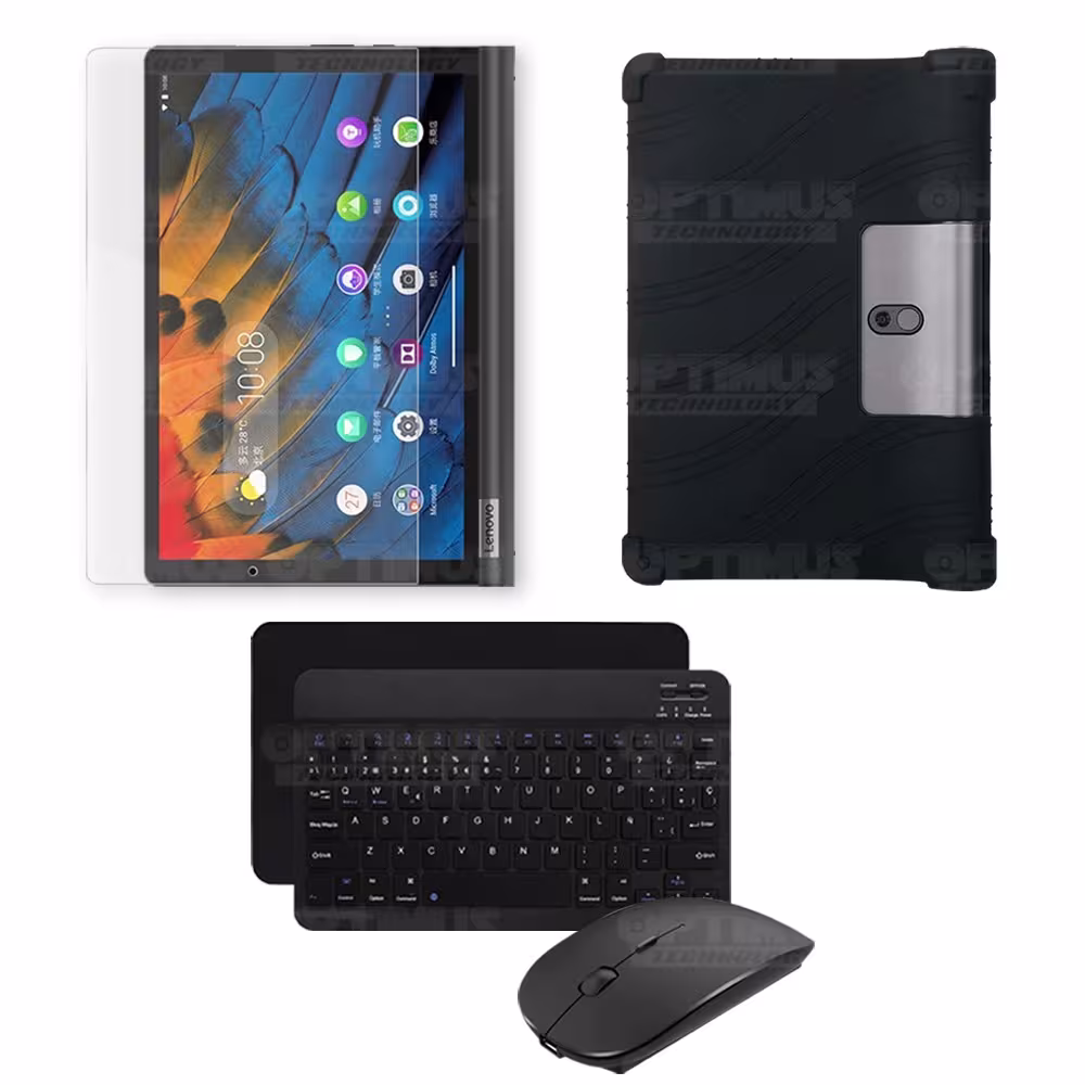 Kit Vidrio templado + Estuche Protector Goma + Teclado y Mouse Ratón Bluetooth para Tablet Lenovo Yoga Smart Tab Yt-x 705f OPTIM
