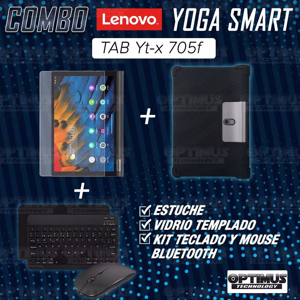 Kit Vidrio templado + Estuche Protector Goma + Teclado y Mouse Ratón Bluetooth para Tablet Lenovo Yoga Smart Tab Yt-x 705f OPTIM