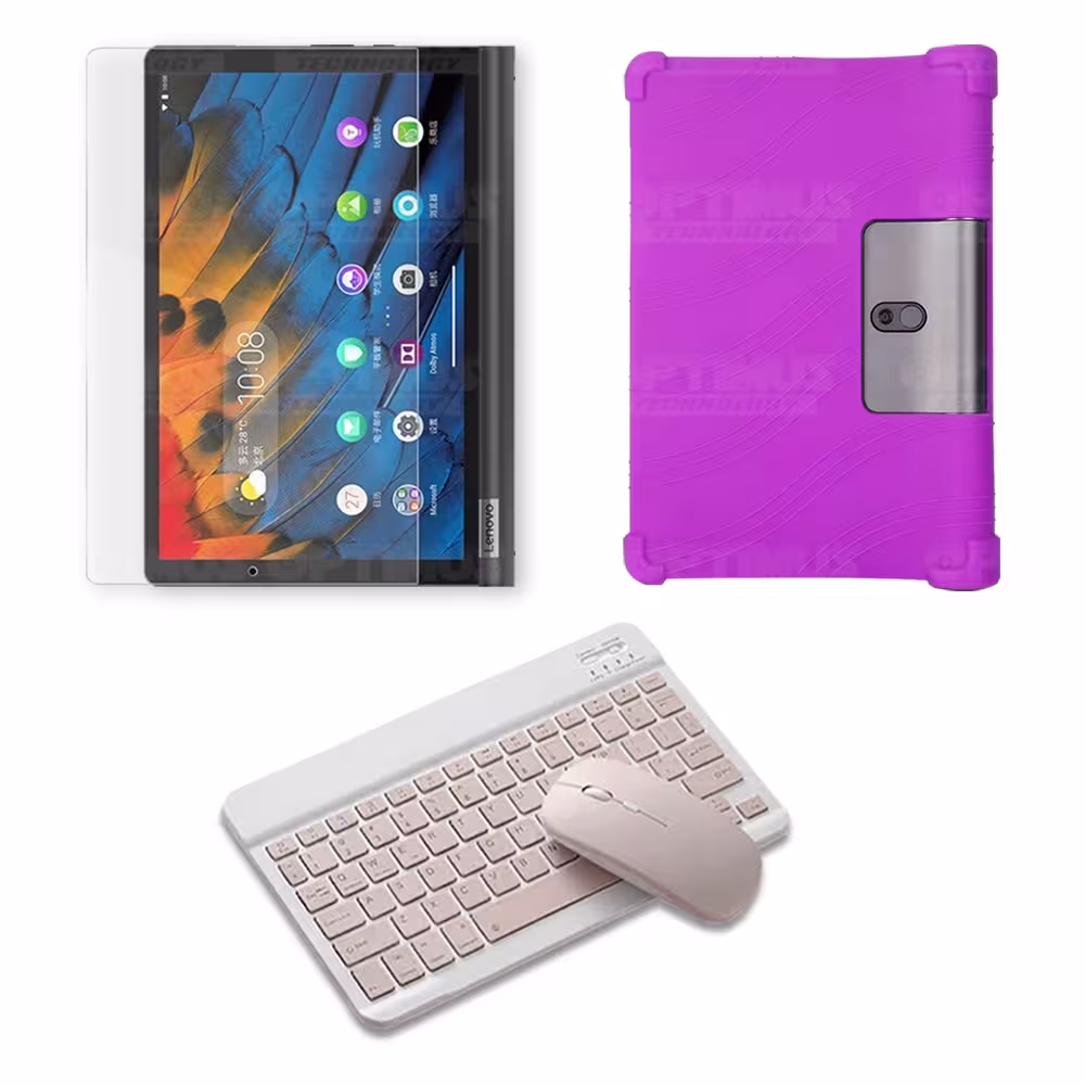 Kit Vidrio templado + Estuche Protector Goma + Teclado y Mouse Ratón Bluetooth para Tablet Lenovo Yoga Smart Tab Yt-x 705f OPTIM