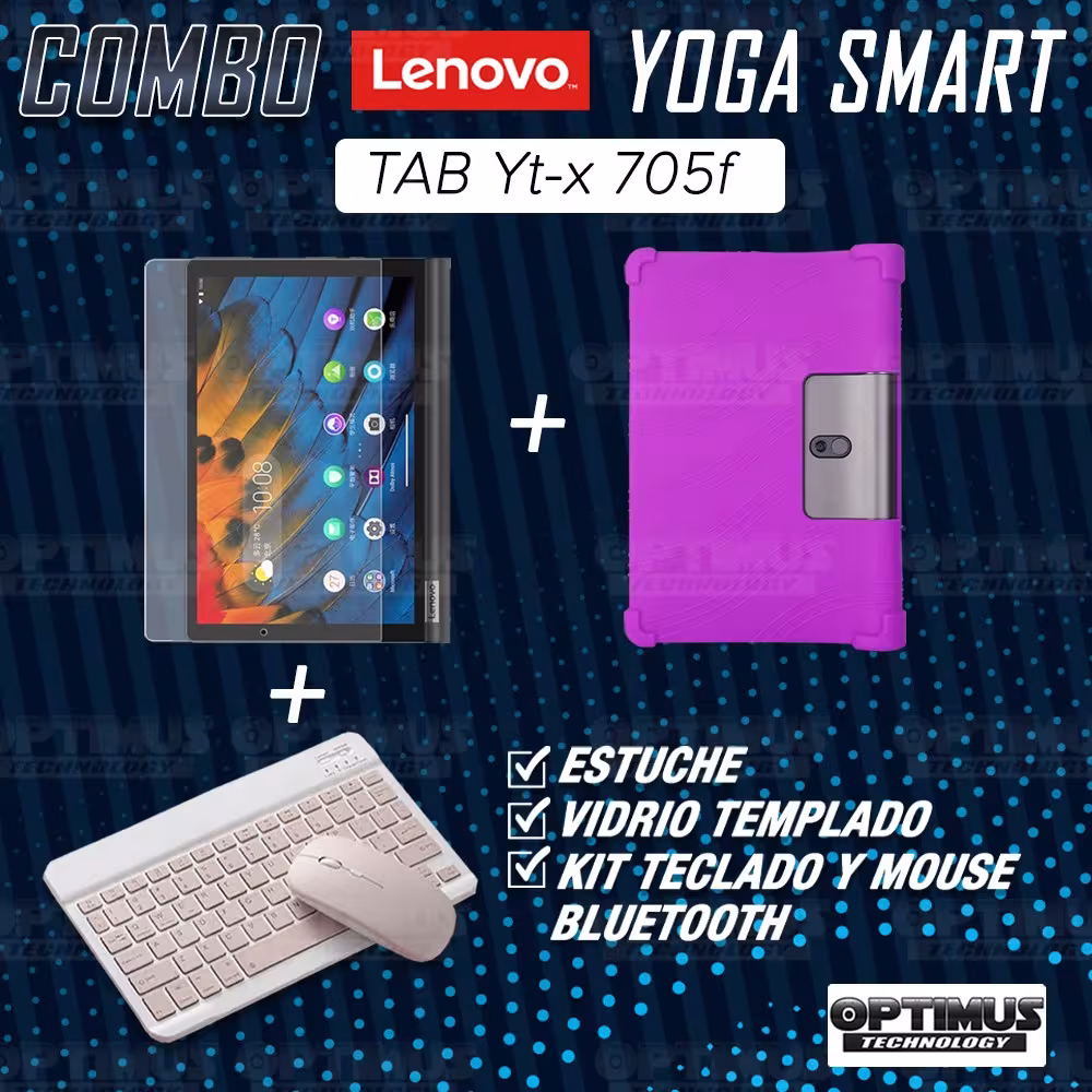 Kit Vidrio templado + Estuche Protector Goma + Teclado y Mouse Ratón Bluetooth para Tablet Lenovo Yoga Smart Tab Yt-x 705f OPTIM