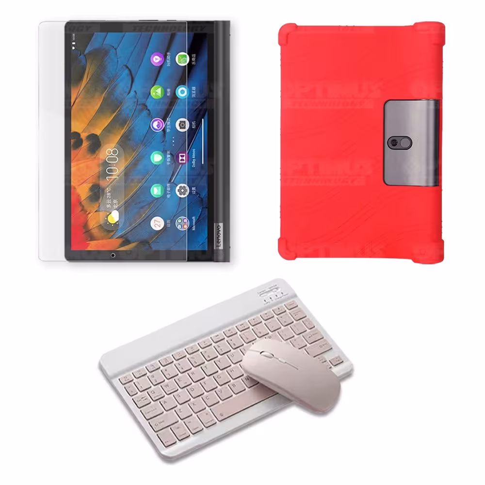 Kit Vidrio templado + Estuche Protector Goma + Teclado y Mouse Ratón Bluetooth para Tablet Lenovo Yoga Smart Tab Yt-x 705f OPTIM