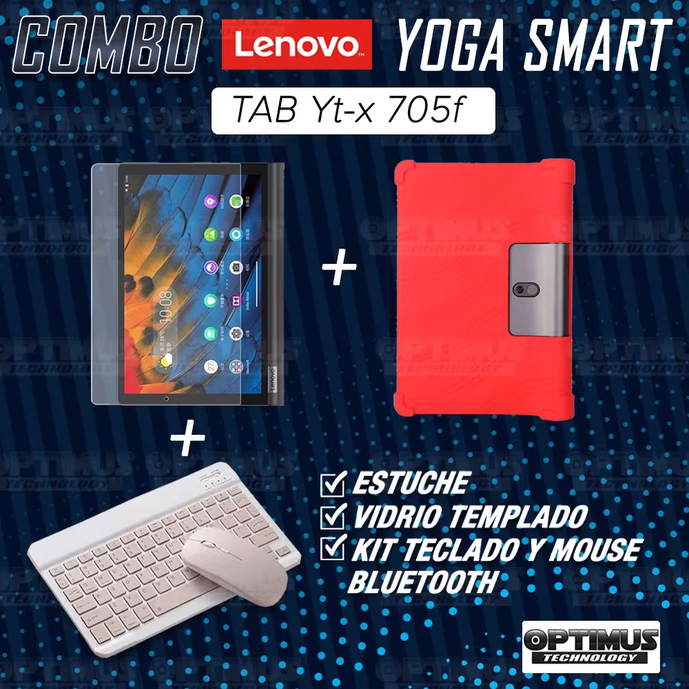 Kit Vidrio templado + Estuche Protector Goma + Teclado y Mouse Ratón Bluetooth para Tablet Lenovo Yoga Smart Tab Yt-x 705f OPTIM