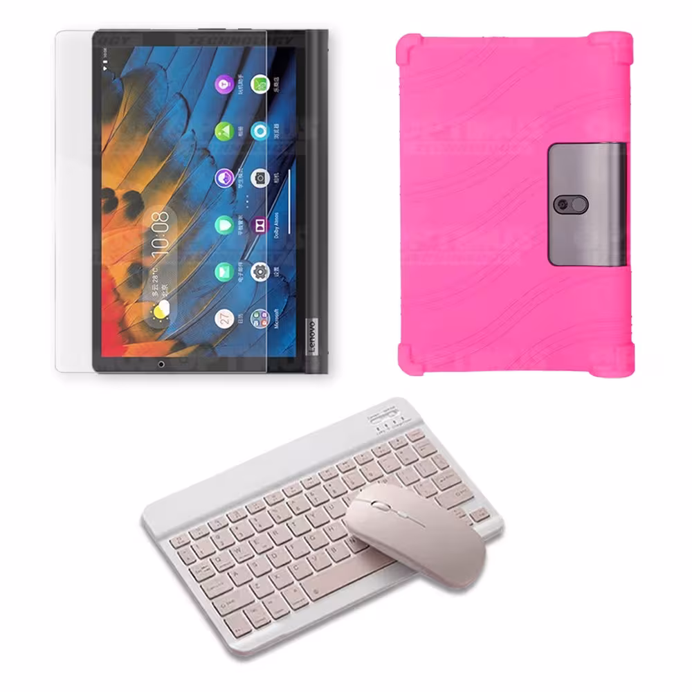 Kit Vidrio templado + Estuche Protector Goma + Teclado y Mouse Ratón Bluetooth para Tablet Lenovo Yoga Smart Tab Yt-x 705f OPTIM