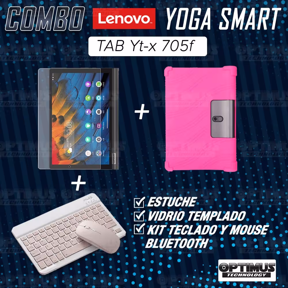 Kit Vidrio templado + Estuche Protector Goma + Teclado y Mouse Ratón Bluetooth para Tablet Lenovo Yoga Smart Tab Yt-x 705f OPTIM