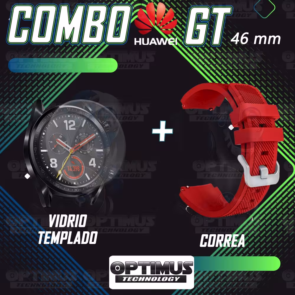Kit Correa Pulso Manilla de Goma Y Vidrio Templado Huawei Gt 46mm | OPTIMUS TECHNOLOGY™ | CRRY-VTP-HW-GT-46 |