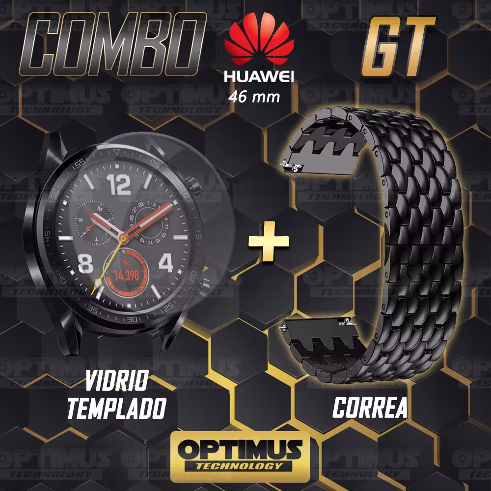 Vidrio Templado Y Correa De Metal Smartwatch Reloj Inteligente Huawei GT 46mm | OPTIMUS TECHNOLOGY™ | CRR-MT2-VTP-HW-GT-46 |