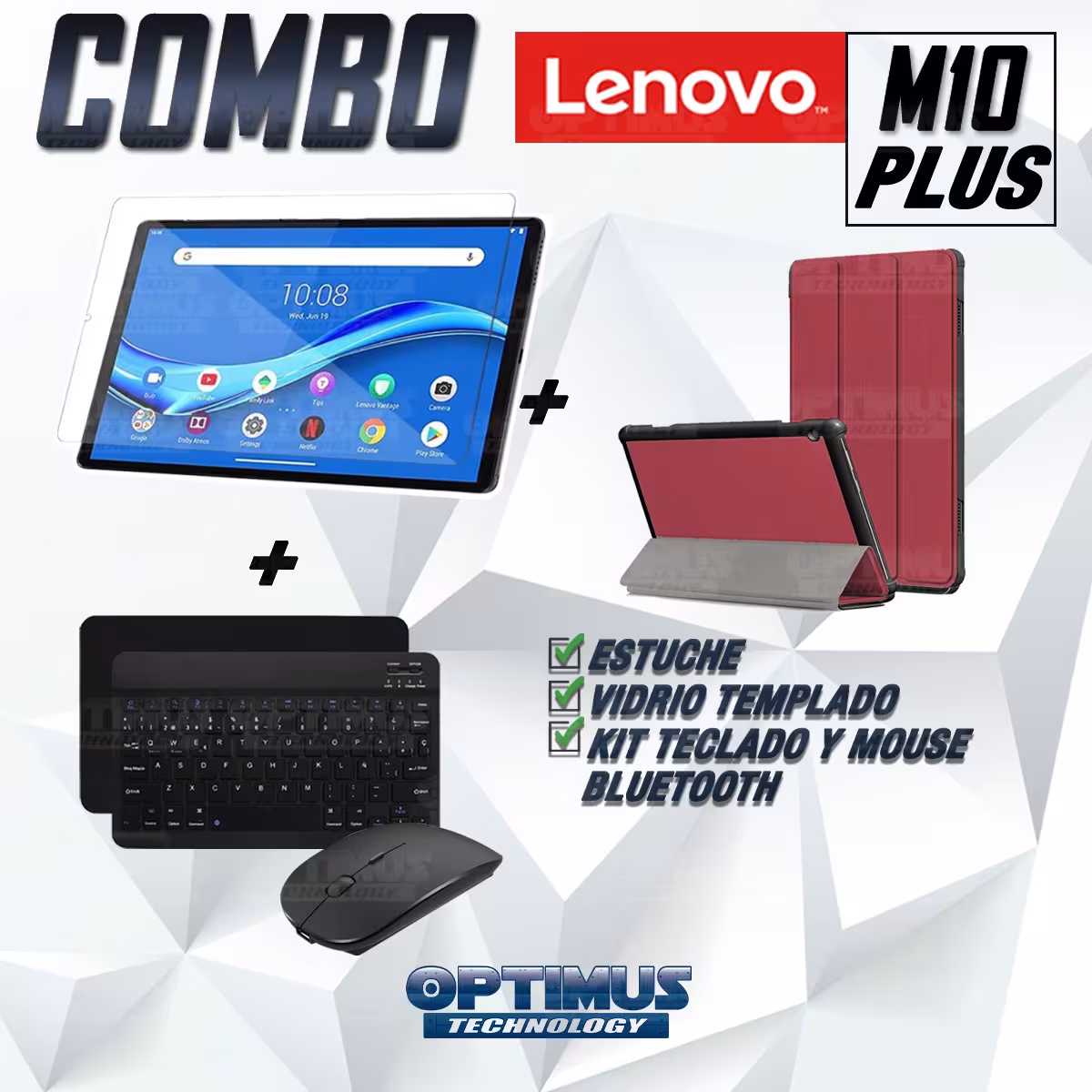 Kit Vidrio templado + Case Forro Protector + Teclado y Mouse Ratón Bluetooth para Tablet Lenovo M10 Plus Tb-x606f OPTIMUS TECHNO