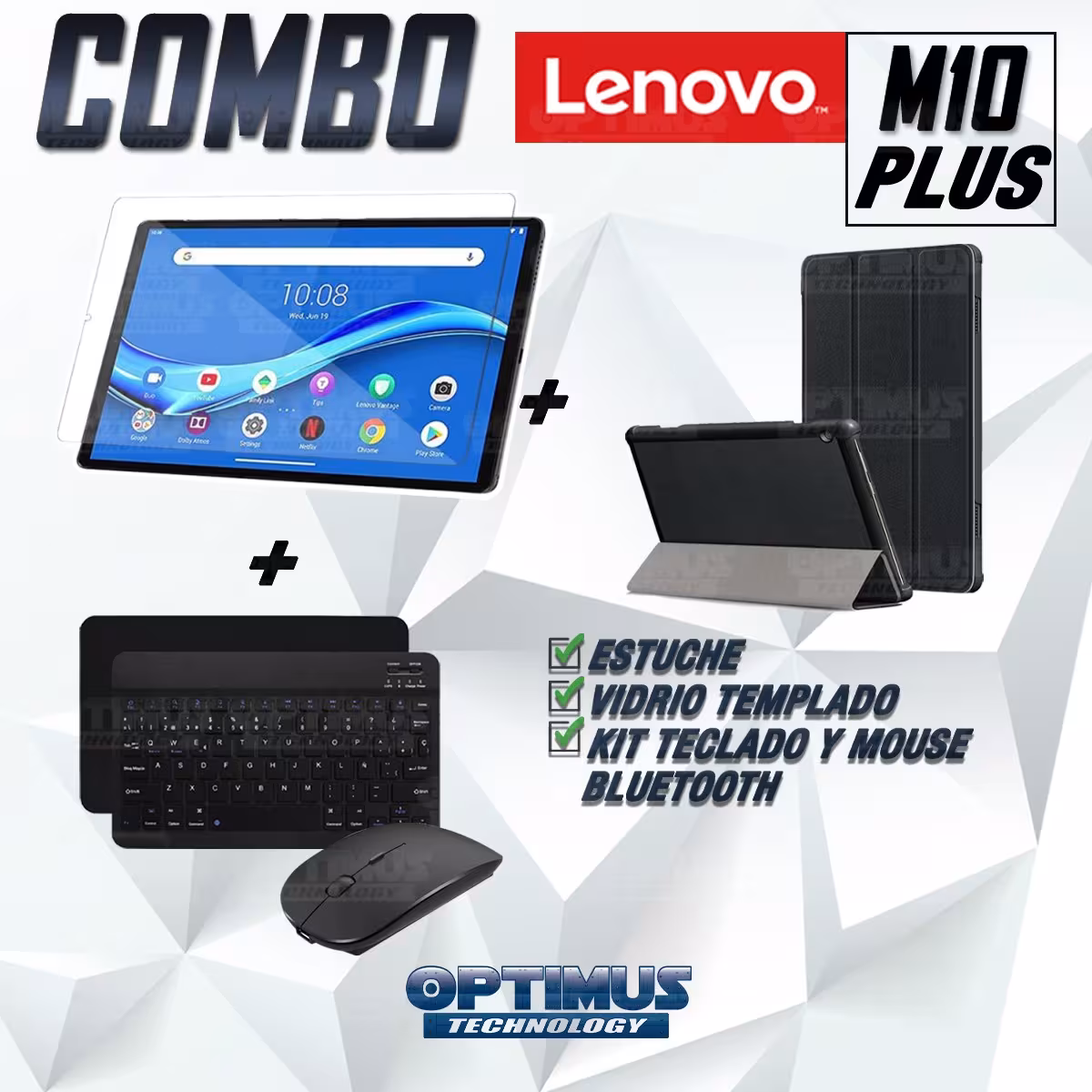 Kit Vidrio templado + Case Forro Protector + Teclado y Mouse Ratón Bluetooth para Tablet Lenovo M10 Plus Tb-x606f OPTIMUS TECHNO