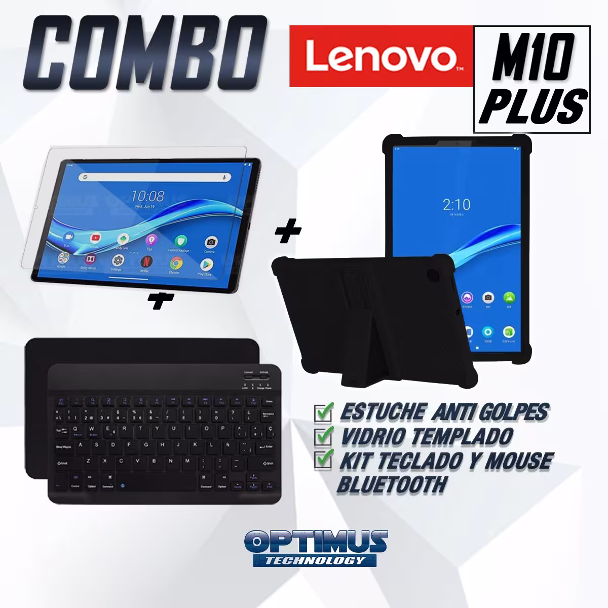 Kit Vidrio templado + Estuche Protector Goma + Teclado y Mouse Ratón Bluetooth para Tablet Lenovo M10 Plus Tb-x606f OPTIMUS TECH