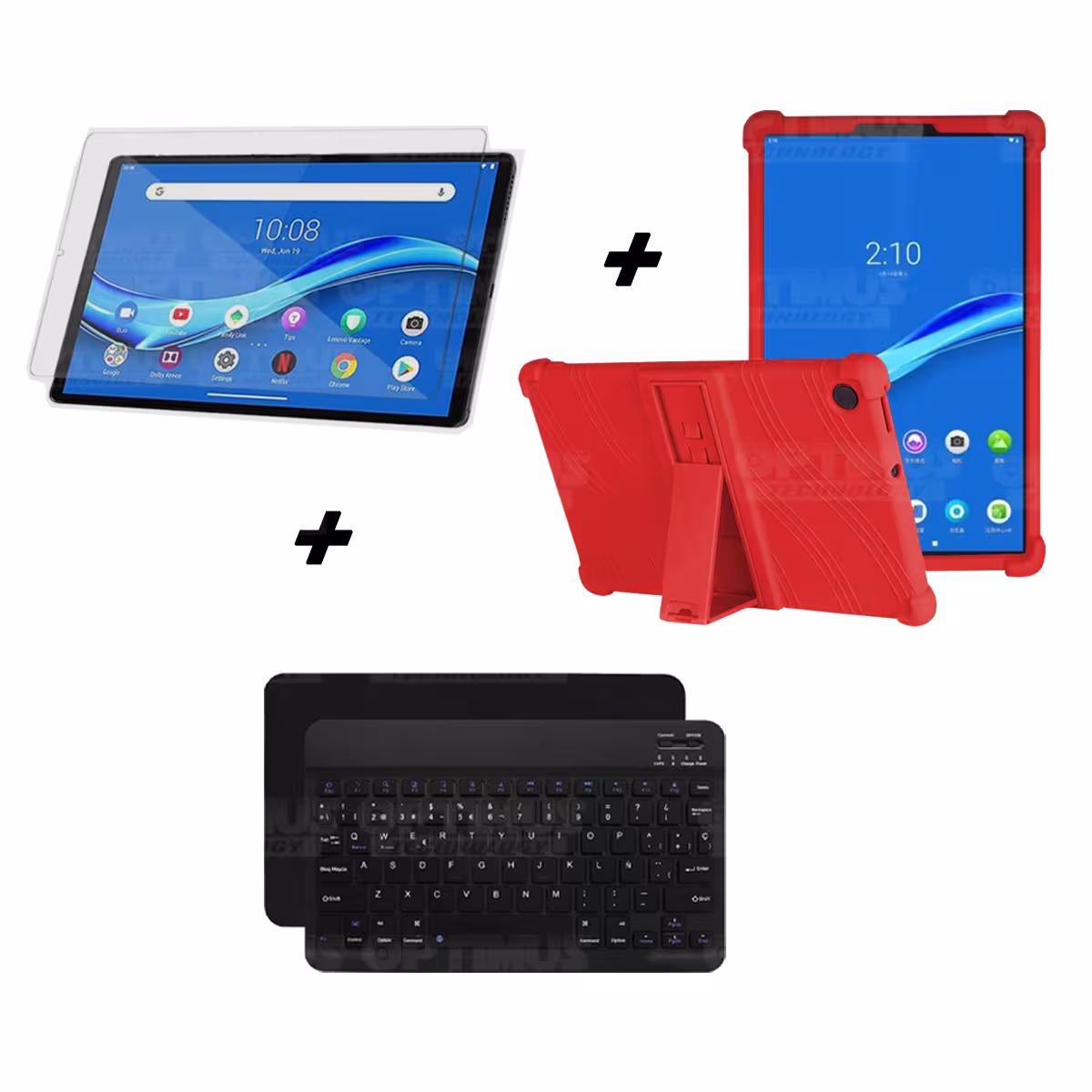 Kit Vidrio templado + Estuche Protector Goma + Teclado y Mouse Ratón Bluetooth para Tablet Lenovo M10 Plus Tb-x606f OPTIMUS TECH