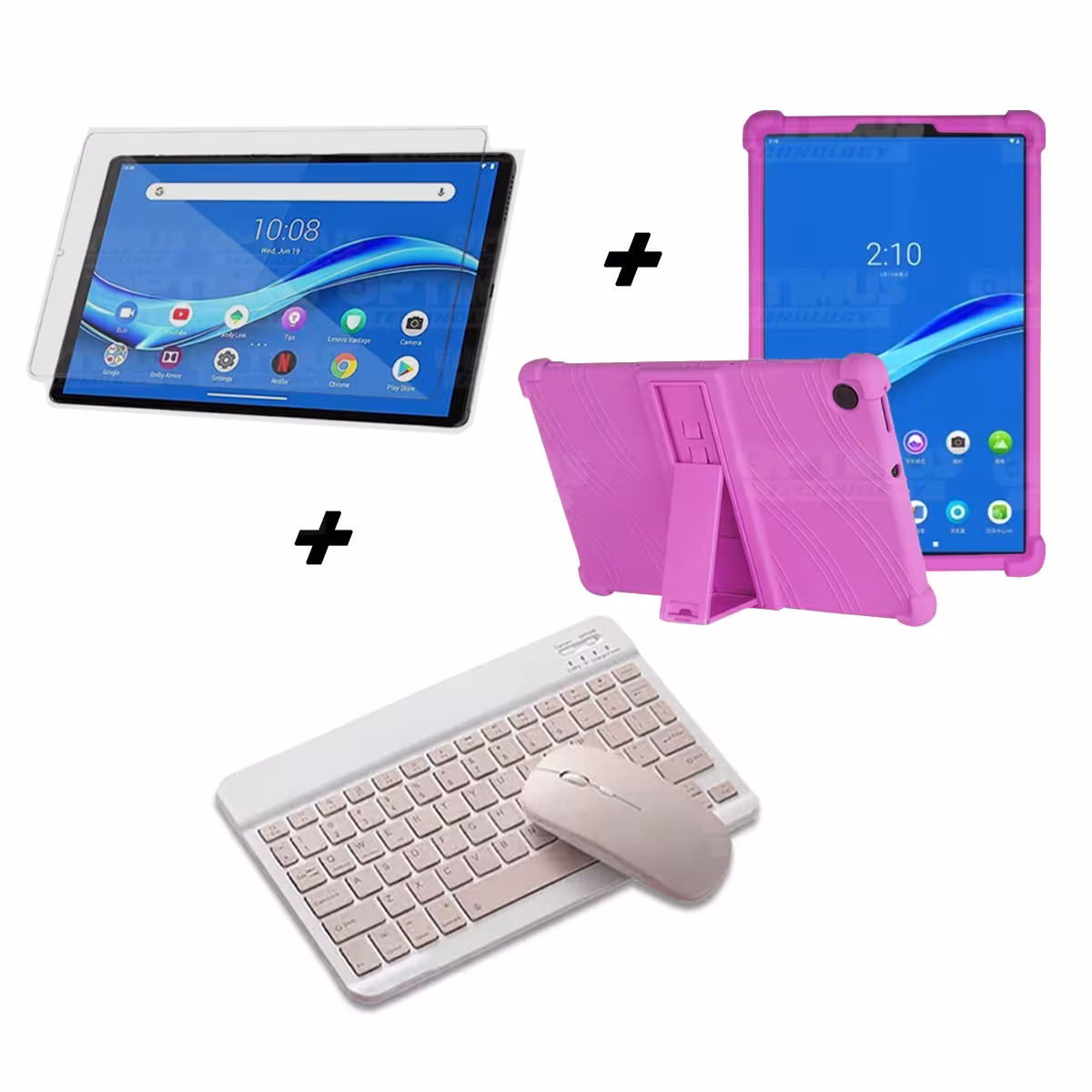 Kit Vidrio templado + Estuche Protector Goma + Teclado y Mouse Ratón Bluetooth para Tablet Lenovo M10 Plus Tb-x606f OPTIMUS TECH