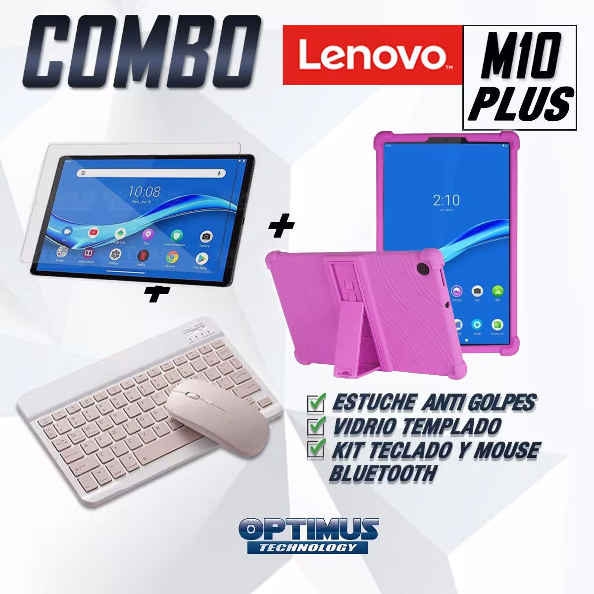 Kit Vidrio templado + Estuche Protector Goma + Teclado y Mouse Ratón Bluetooth para Tablet Lenovo M10 Plus Tb-x606f OPTIMUS TECH