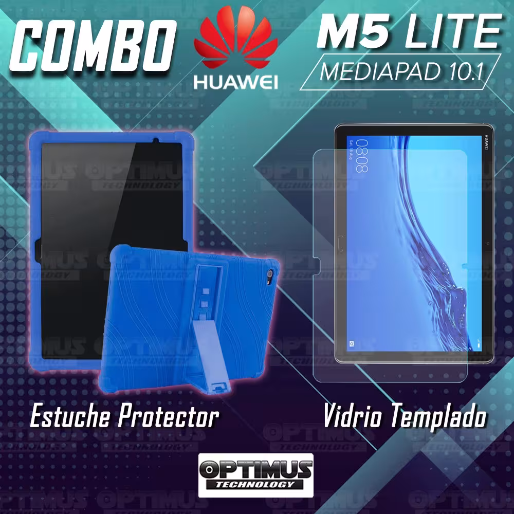 Kit Vidrio templado y Estuche Protector de goma antigolpes con soporte Tablet Huawei Mediapad M5 Lite 10.1 OPTIMUS TECHNOLOGY™ -